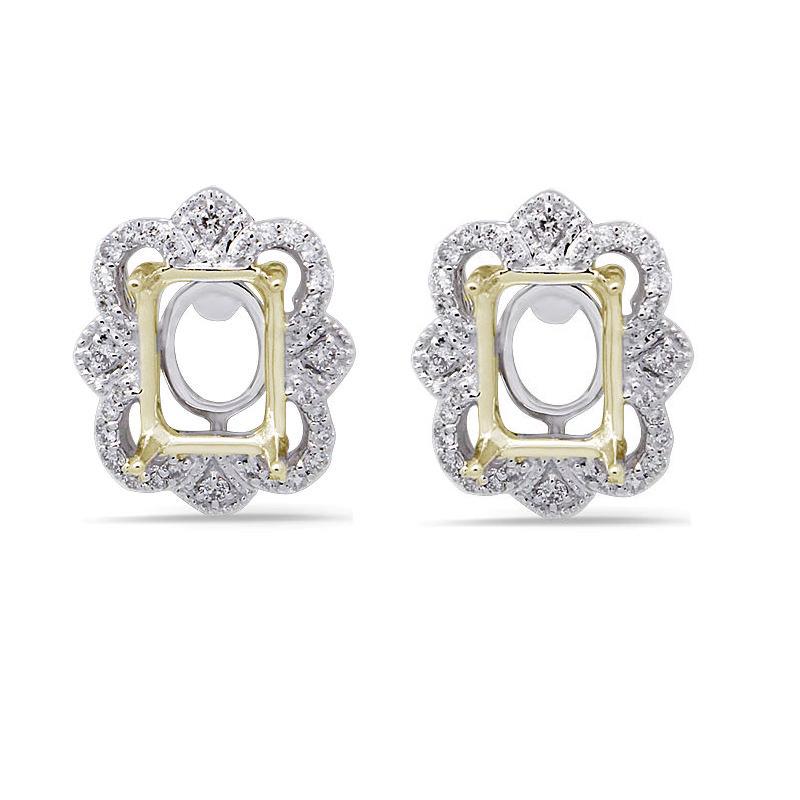 Emerald Cut 8x6mm Stud Earring Semi Mount in 14K Dual Tone 9White/Yellow) Gold with Diamond Accents