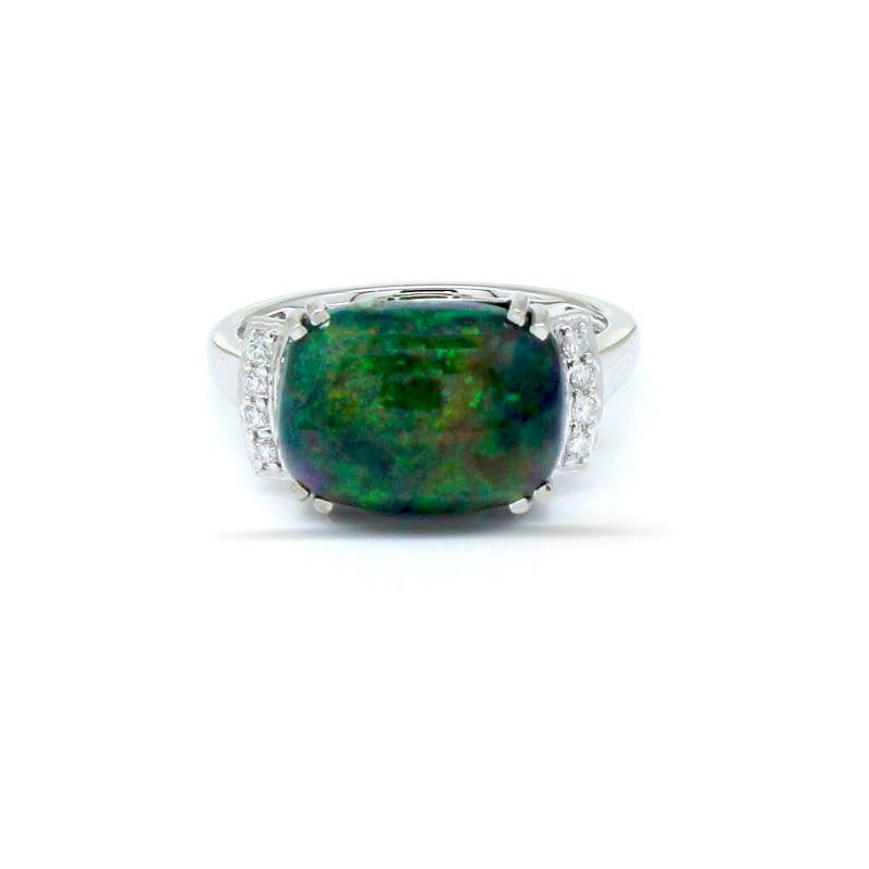 Ethiopian Black Opal Cab 4.17 Carat, East West Cushion Shape 13.5x10mm, Ring in 14k White Gold with Diamond Accents