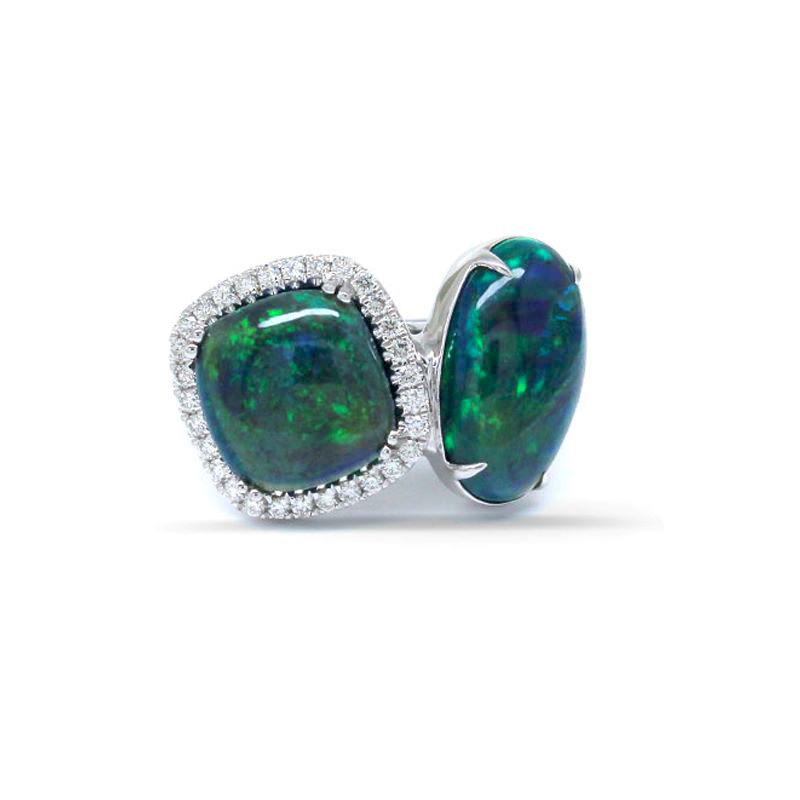 Ethiopian Black Opal Cab Toi et Moi Cushion-Shaped and Oval 5.1 Carat Engagement Ring in 14K White Gold with Diamond Accents