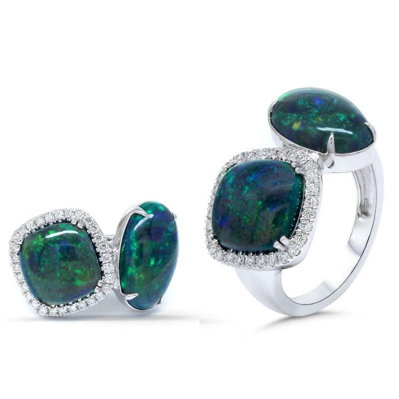 Ethiopian Black Opal Cab Toi et Moi Cushion-Shaped and Oval 5.1 Carat Engagement Ring in 14K White Gold with Diamond Accents