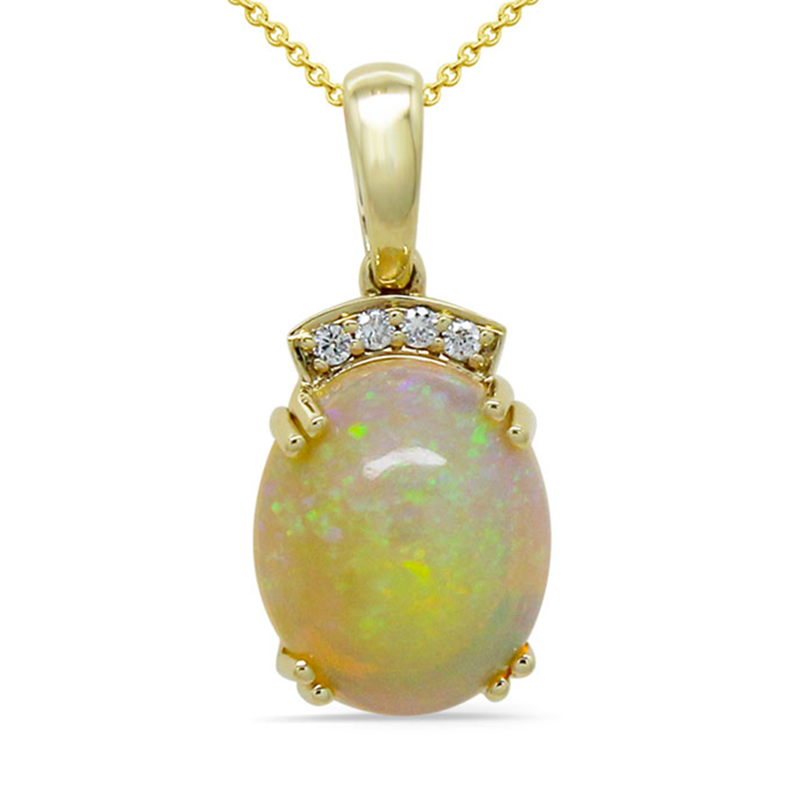 Ethiopian Opal Cab Oval 3.5 Carat Pendant In 14K Yellow Gold With Diamond Accent (Chain Not Included)