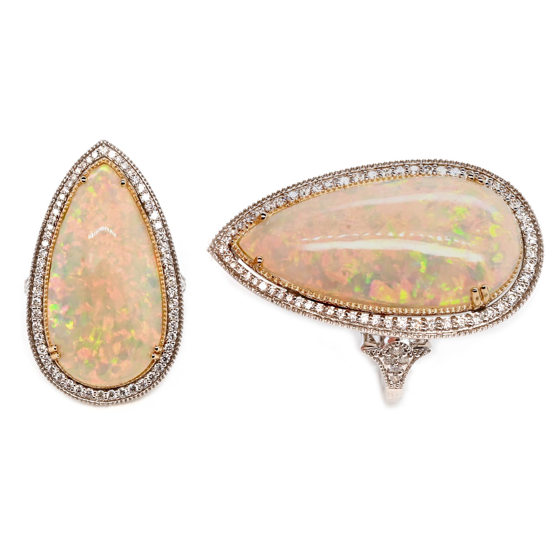 Ethiopian Opal Cab Pear Shape 12.44 Carat Ring in 14K Dual Tone (White/Yellow) Gold with Diamond Accents