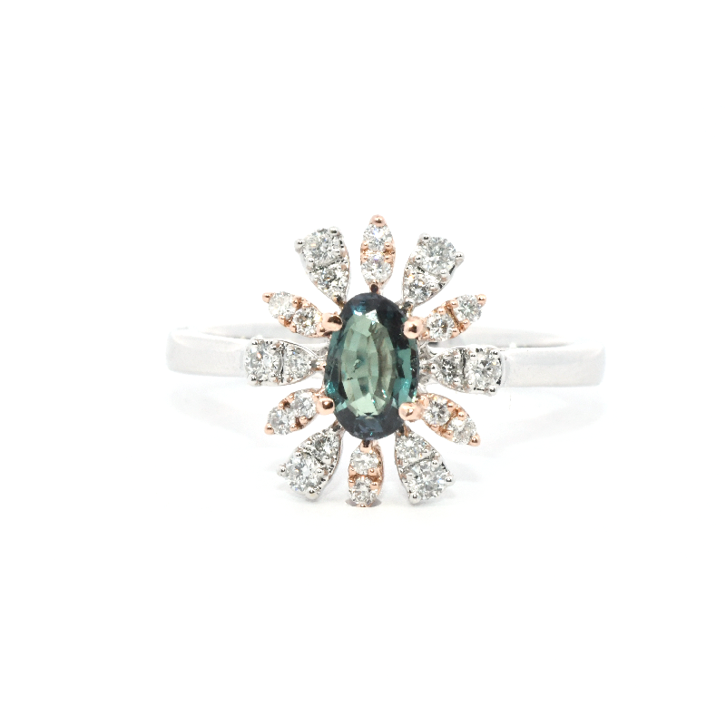 GIA Certified Natural Blue-Green Changing To Purple Alexandrite Oval 0.50 Carat Ring In 14K Dual Tone(White/Rose) Gold With Accented Diamonds