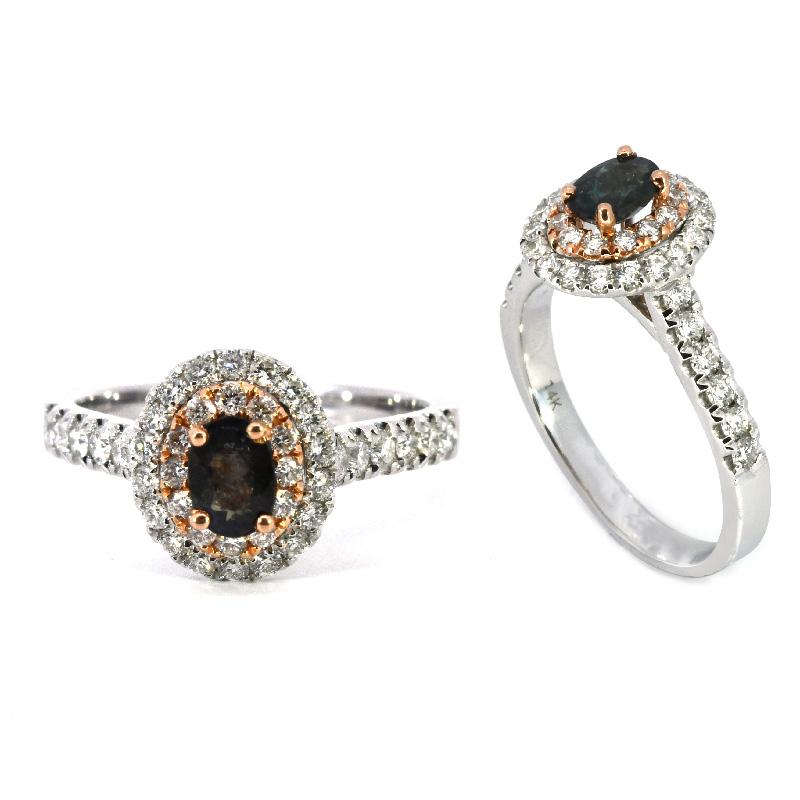 GIA Certified Natural Blue-Green Changing To Purple Alexandrite Oval 0.50 Carat Ring In 14K Dual Tone(White/Rose) Gold With Accented Diamonds