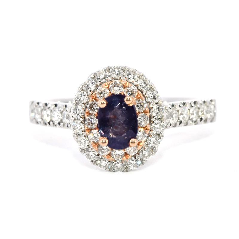 GIA Certified Natural Blue-Green Changing To Purple Alexandrite Oval 0.50 Carat Ring In 14K Dual Tone(White/Rose) Gold With Accented Diamonds