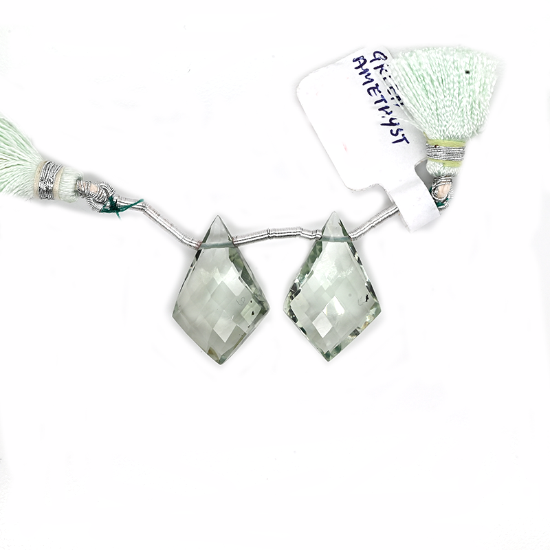 Green Amethyst Drop Shield Shape 21x14mm Drilled Bead Matching Pair