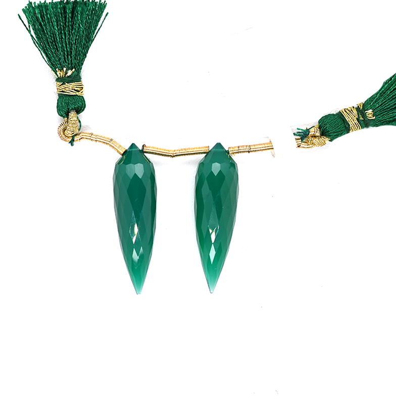 Green Onyx Drops Okra Shape 30x9mm Drilled Beads Matching Pair