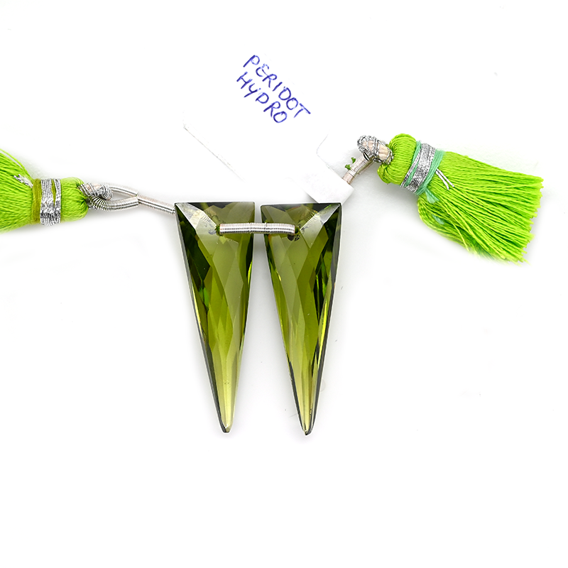 Hydro Peridot Quartz Trillion Shape 32x12mm Drilled Bead Matching Pair