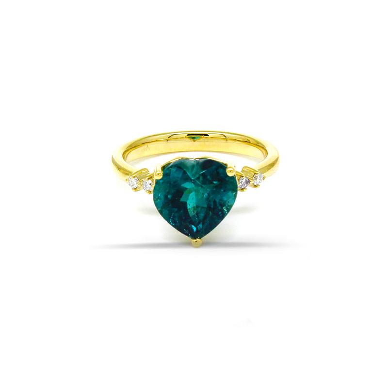 Indicolite Tourmaline Heart Shape 3.04 Carat Ring In 14K Yellow Gold With Diamond Accents