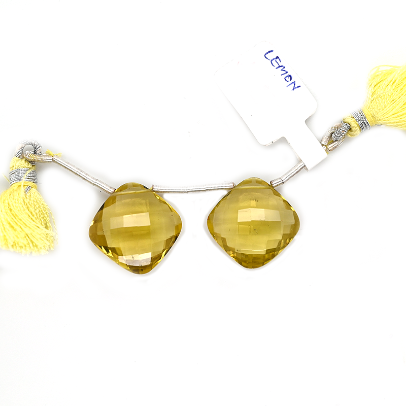 Lemon Quartz Drops Cushion Shape 18x18 Drilled Beads Matching Pair