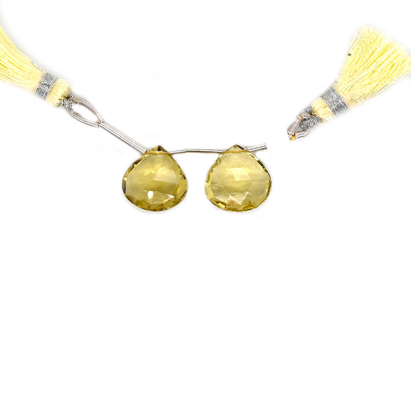 Lemon Quartz Drops Heart Shape 14mm Drilled Bead Matching Pair