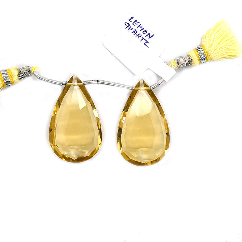 Lemon Quartz Drops Almond Shape 30x18mm Drilled Beads Matching Pair
