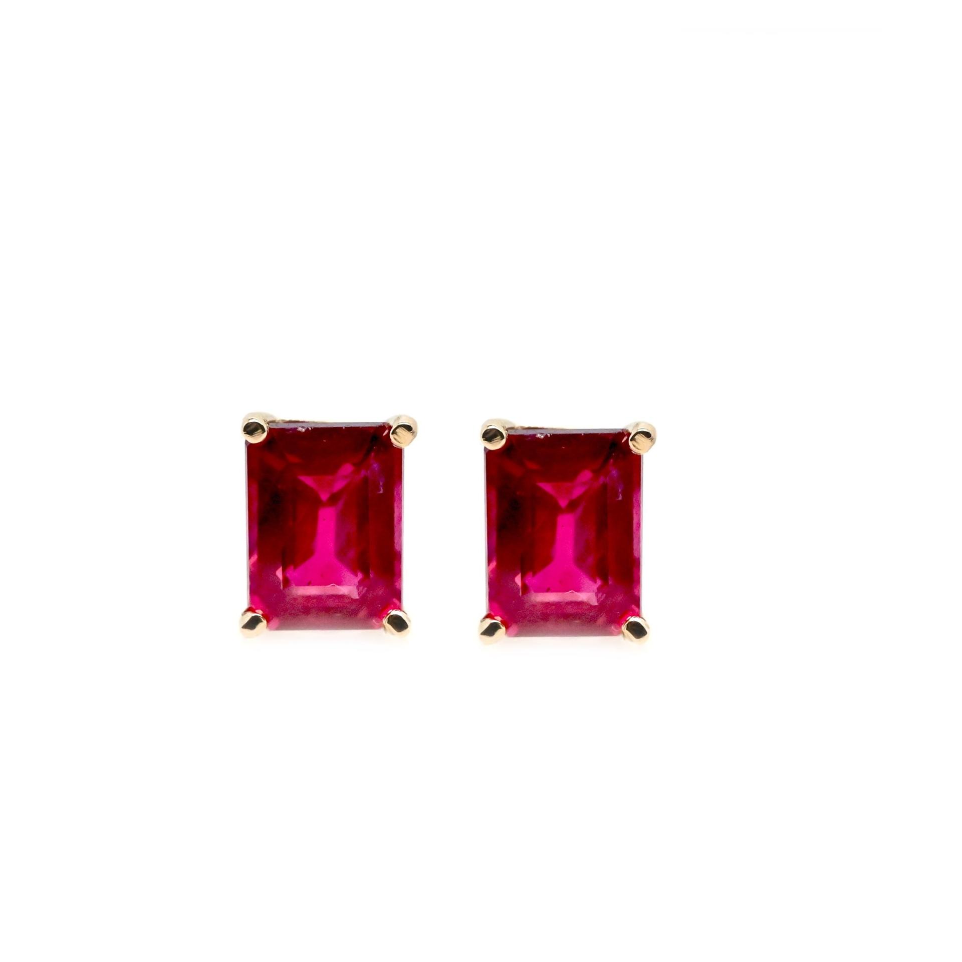 Madagascar Ruby Emerald Cut 8x6mm, 4.94 Carat Solitaire Stud Earring In 14k Yellow Gold