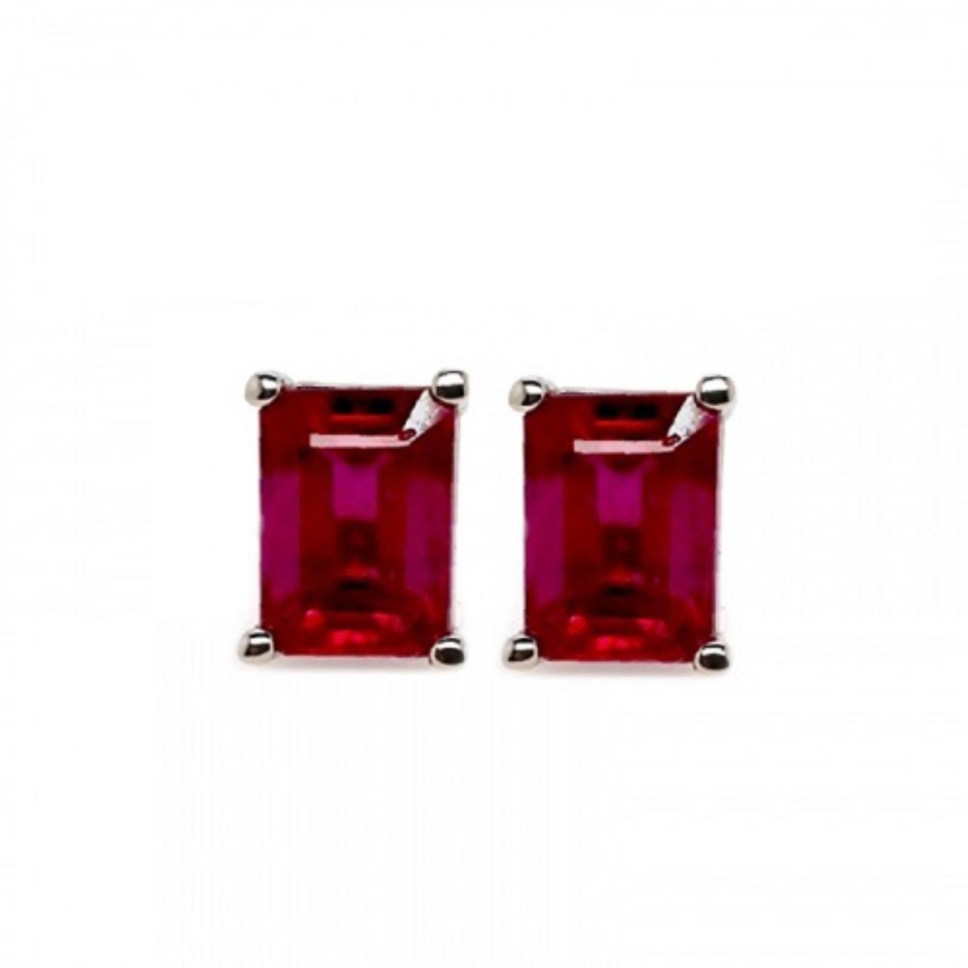 Madagascar Ruby Emerald Cut 9x7mm, 7.42 Carat Solitaire Stud Earrings in 14k White Gold