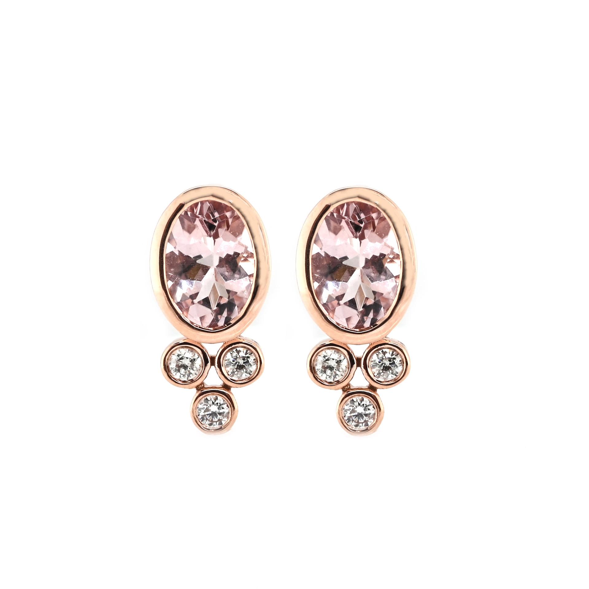 Morganite Oval 1.38 Carat Bezel Set Stud Earring in 14K Rose Gold with Diamond Accents