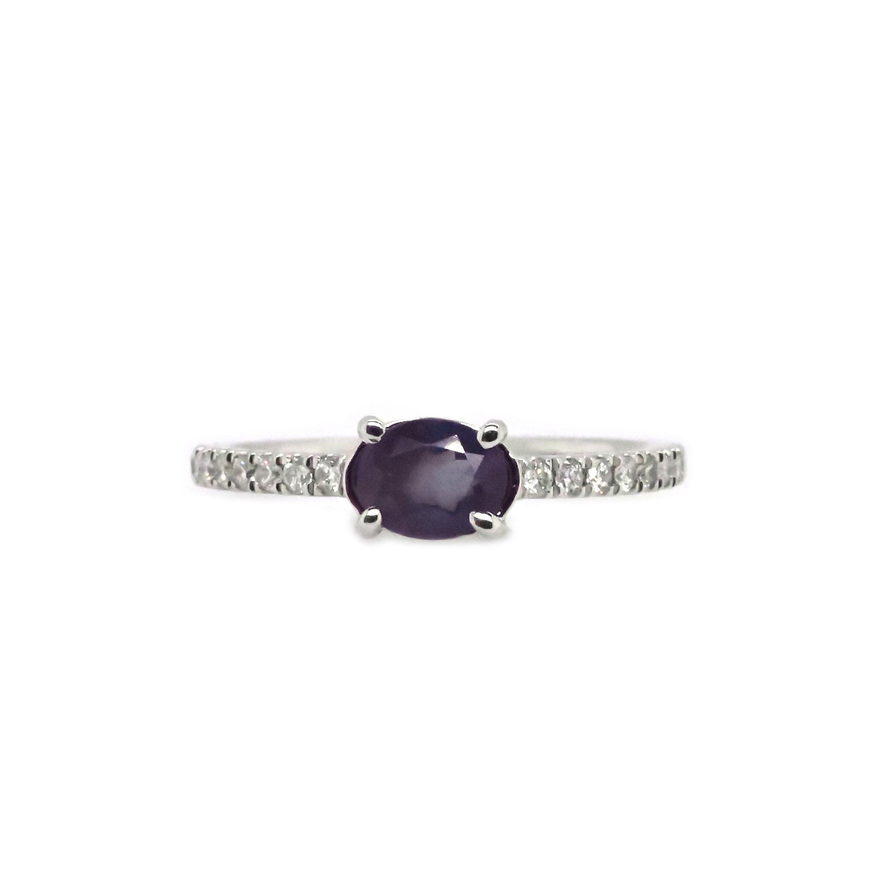 Natural Alexandrite 0.61 Carat, East-West Oval 6x4mm, Ring in 14K White Gold with Diamond Accents
