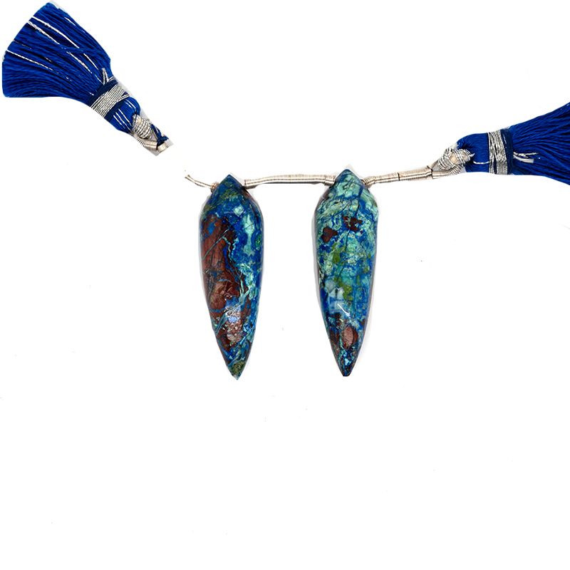 Neon Azurite Malachite Drop Okra 29x9mm Drilled Bead Matching Pair