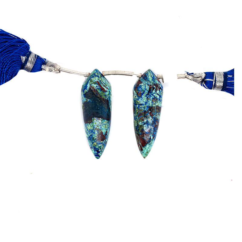Neon Azurite Malachite Drop Okra 30x10mm Drilled Bead Matching Pair