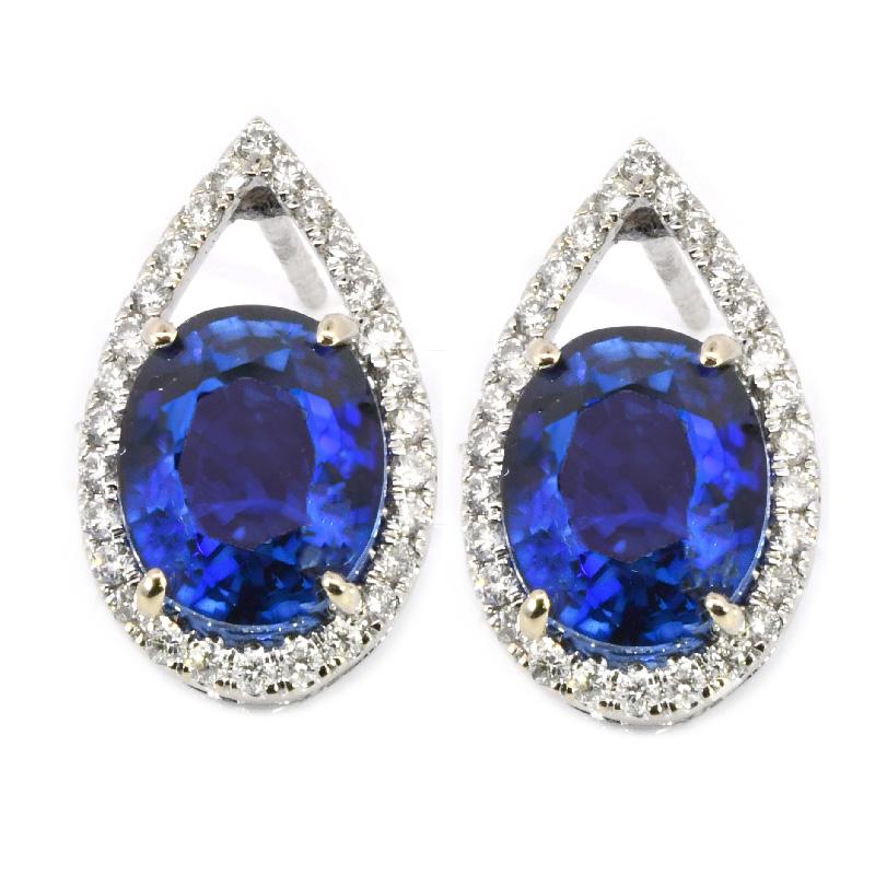 Nigerian Blue Sapphire Oval 5.60 Carat Stud Earrings In 14K White Gold Accented With Diamonds