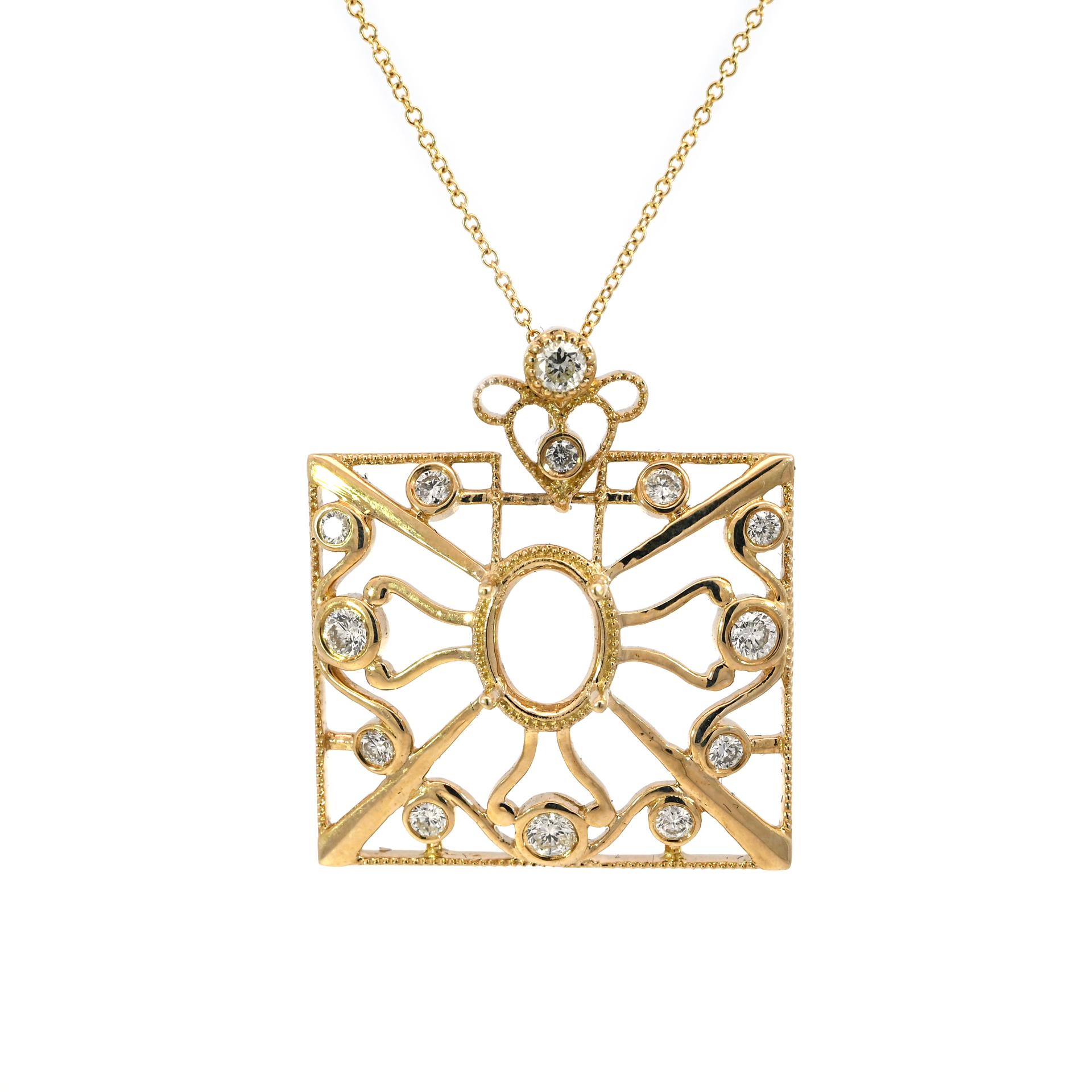Oval 8x6mm Pendant Semi Mount in 14K Yellow Gold With Diamond Accents (Chain Not Included) (PD1808)