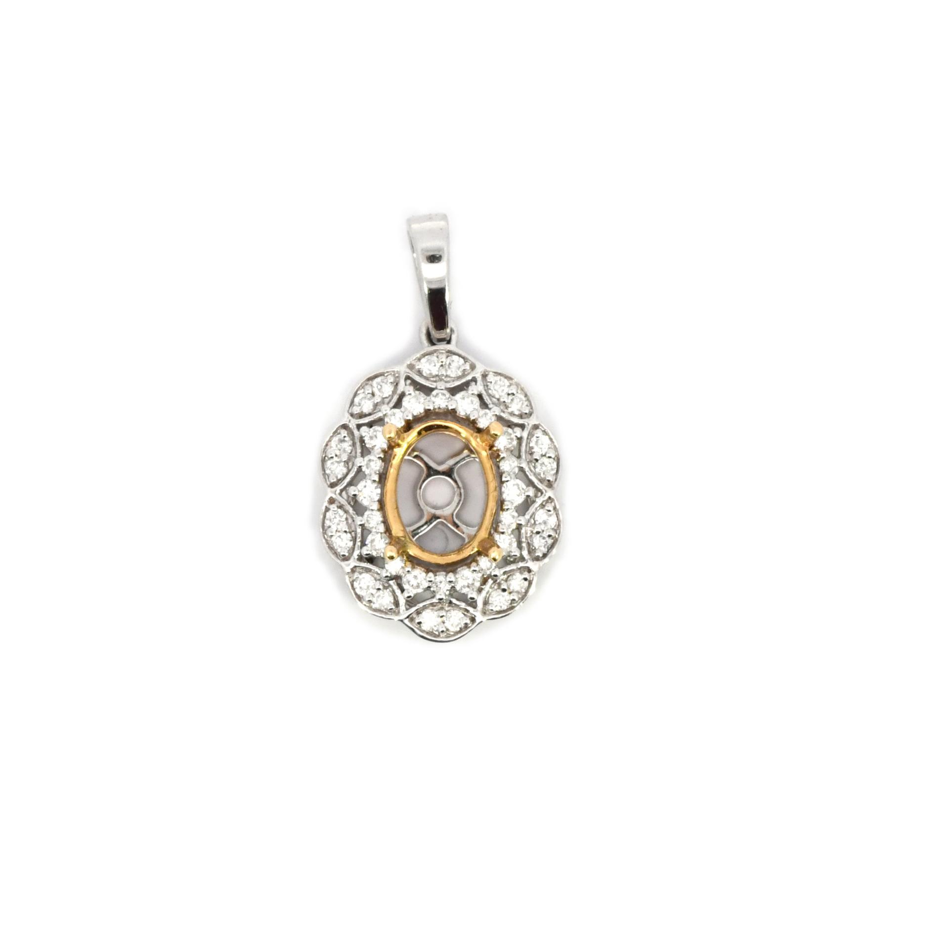 Oval Shape 8x6mm Pendant Semi Mount in 14K Dual Tone(White/Yellow) Gold with Diamond Accents