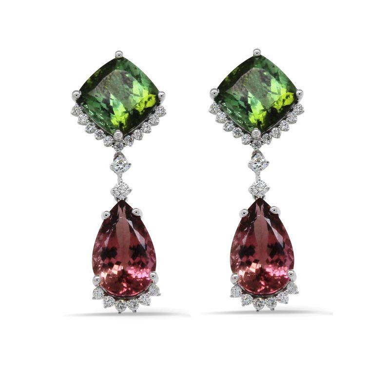 Pink and Green Tourmaline Pear & Cushion Shape 13.88 Carat Drop Earrings in 14K White Gold with Diamond Accents