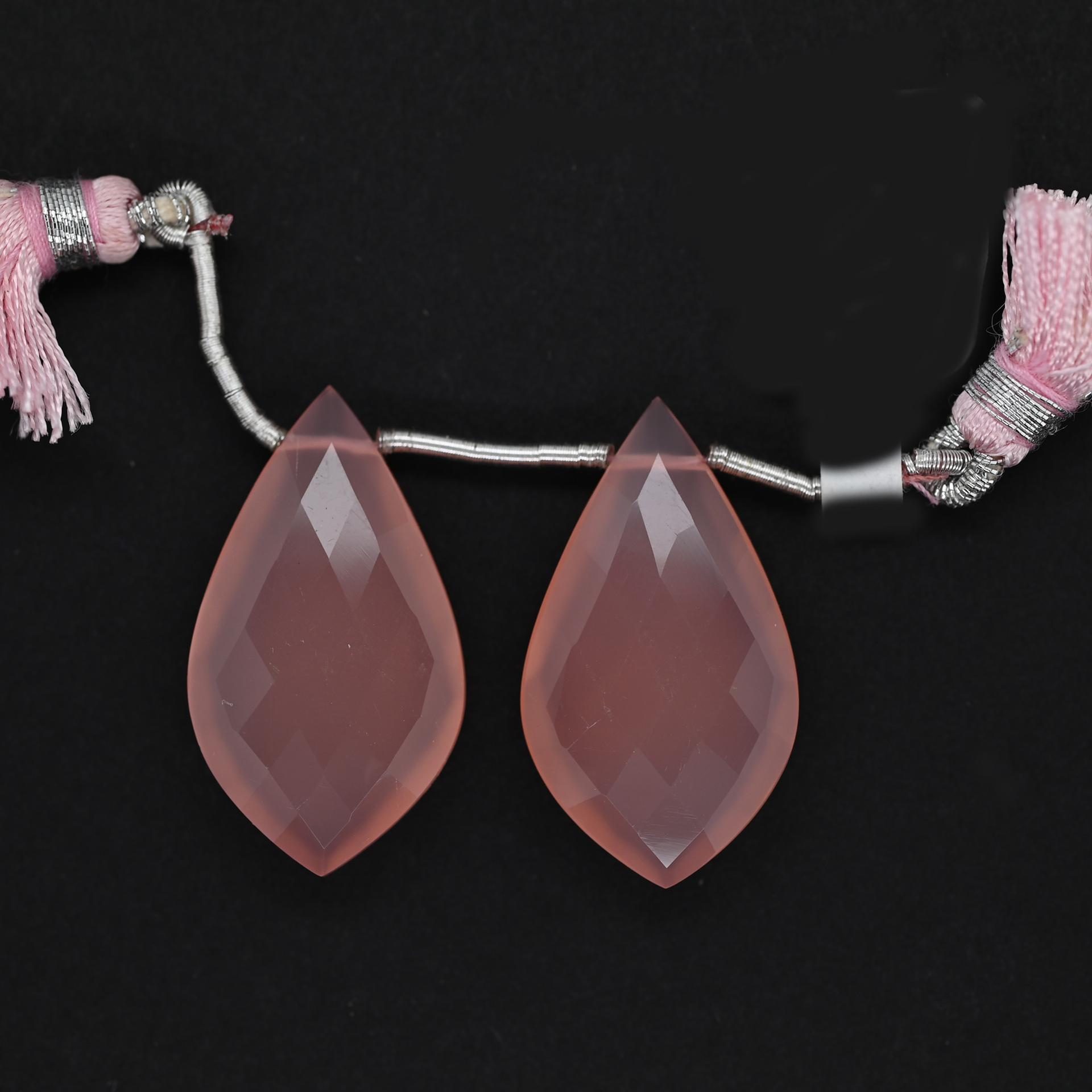 Pink Chalcedony Drops Leaf Shape 30x17mm Drilled Beads Matching Pair