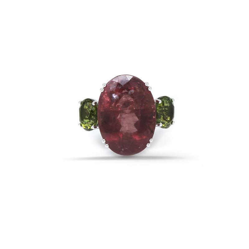 Pink Tourmaline Oval 13.45 Carat Ring In 14K White Gold With Green Tourmaline Accents