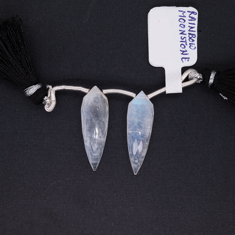 Rainbow Moonstone Drops Okra Shape 26x8mm Drilled Beads Matching Pair