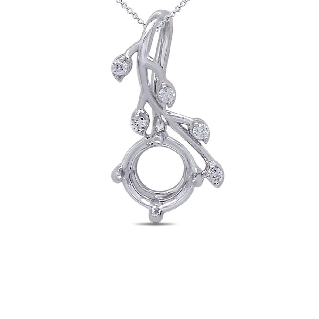 Round 5mm Vine Design Pendant Semi Mount in 14K White Gold with Diamond Accents (Chain Not Included)