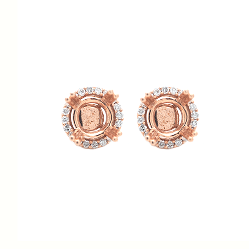 Round 7.4x7.4mm Halo Earring Semi Mount in 14K Rose Gold With Diamonds Accent