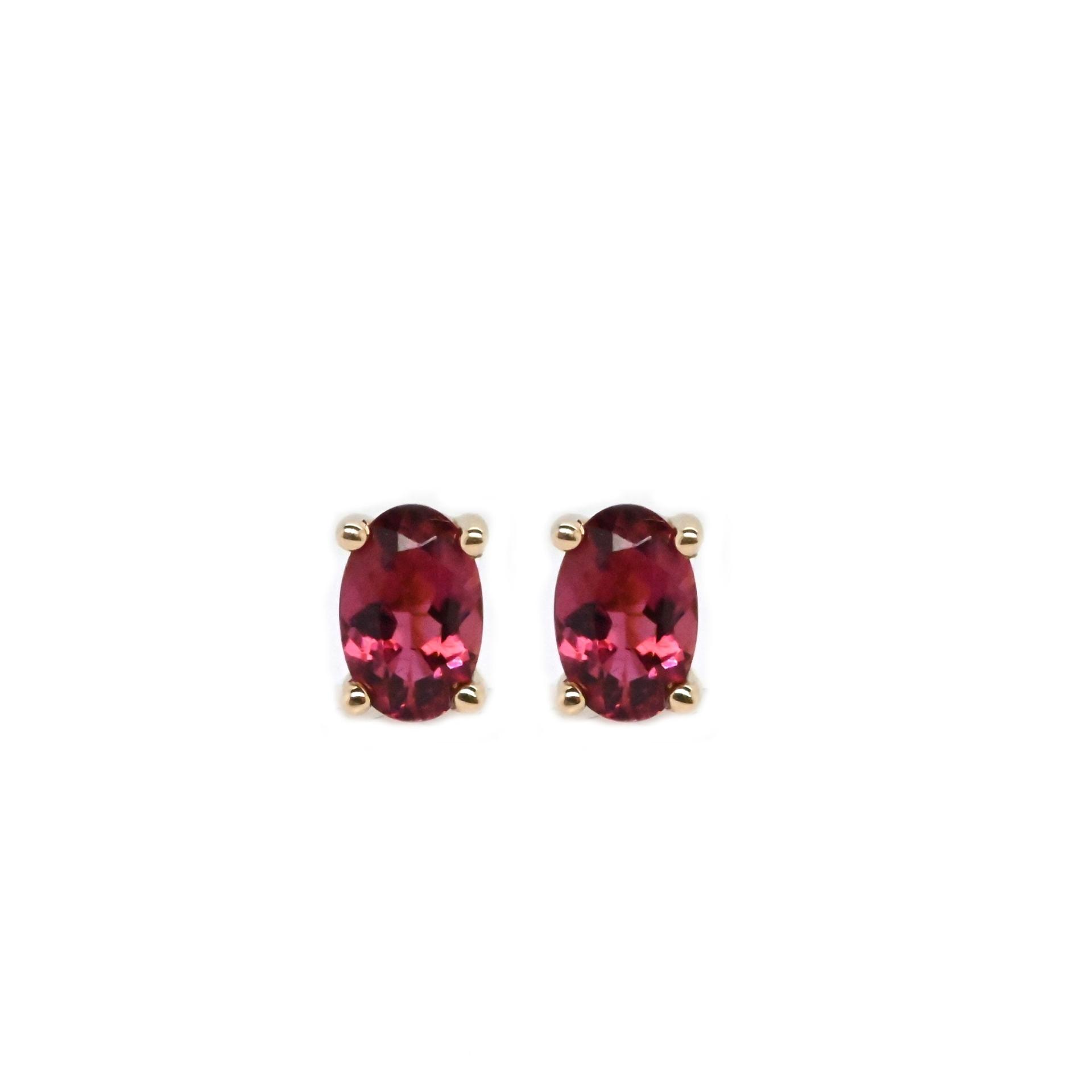 Rubellite Tourmaline 0.98 Carat, Oval Shape 6x4mm, Solitaire Stud Earring in 14K Yellow Gold