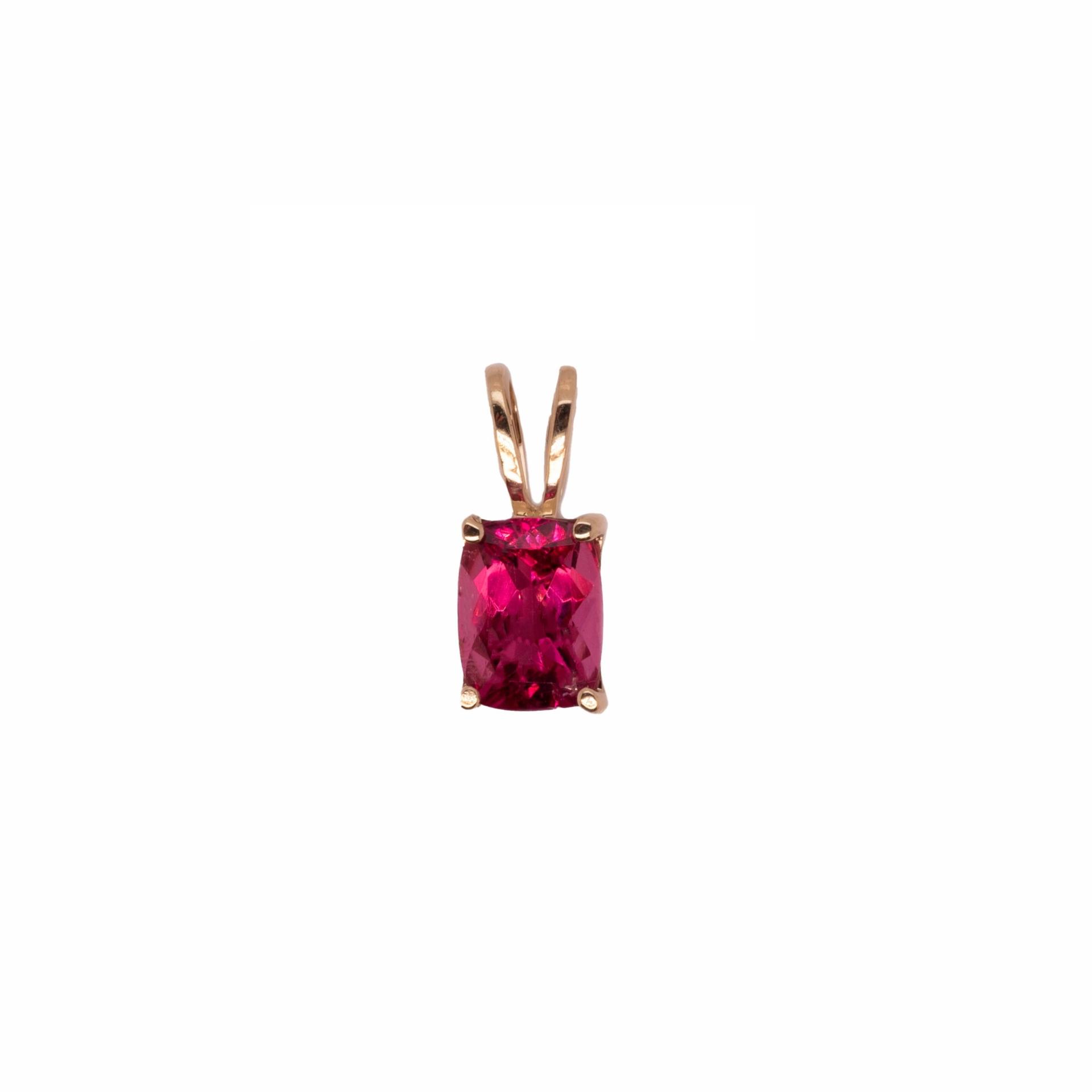 Rubellite Tourmaline Cushion Shape 1.36 Carat Solitaire Pendant in 14K Yellow Gold (Chain Not Included)