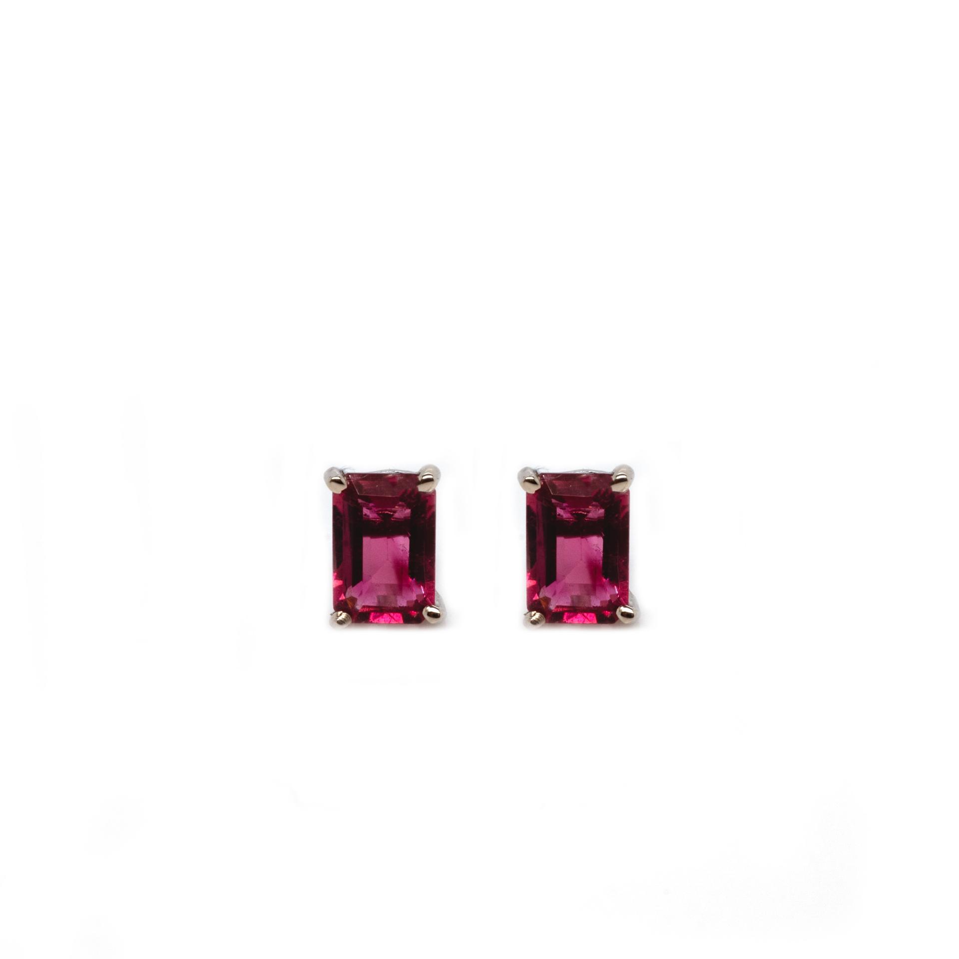 Rubellite Tourmaline Emerald Cut 1.06 Carat Solitaire Stud Earring in 14K White Gold