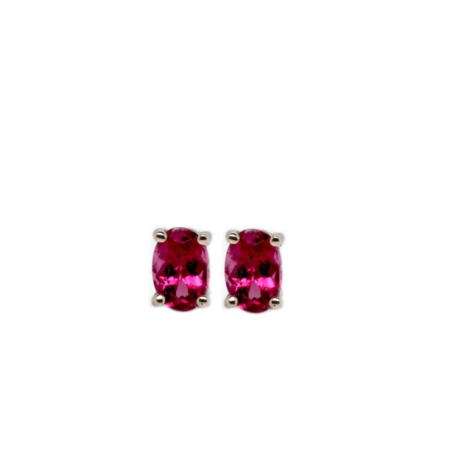 Rubellite Tourmaline Oval 6x4mm, 1.00 Carat Solitaire Stud Earring in 14k White Gold