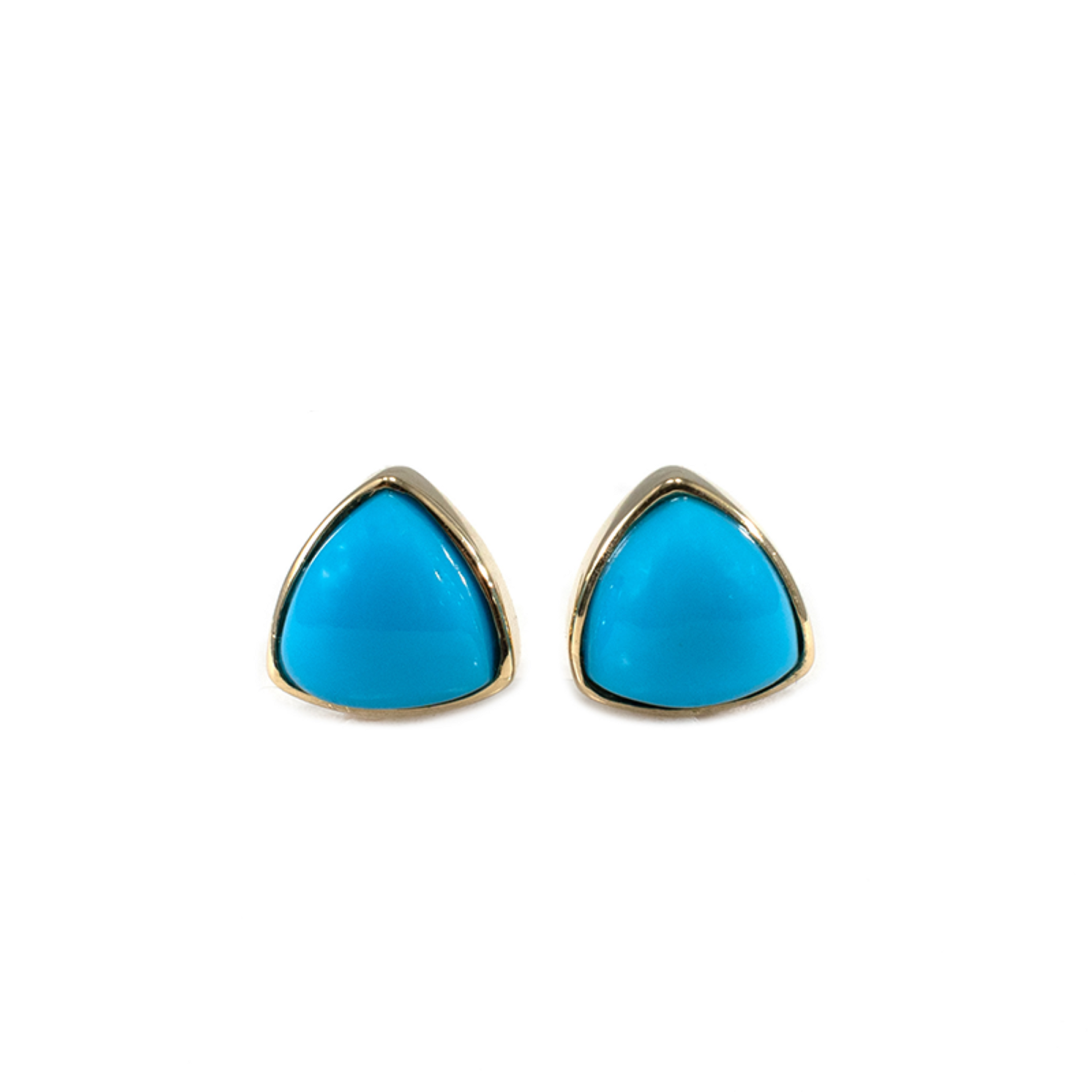 Turquoise Cab Trillion Shape 7mm, 2.57 Carat Solitaire Bezel Set Stud Earring in 14K Yellow Gold