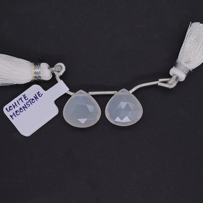 White Moonstone Drop Heart Shape 15x15mm Drilled Bead Matching Pair