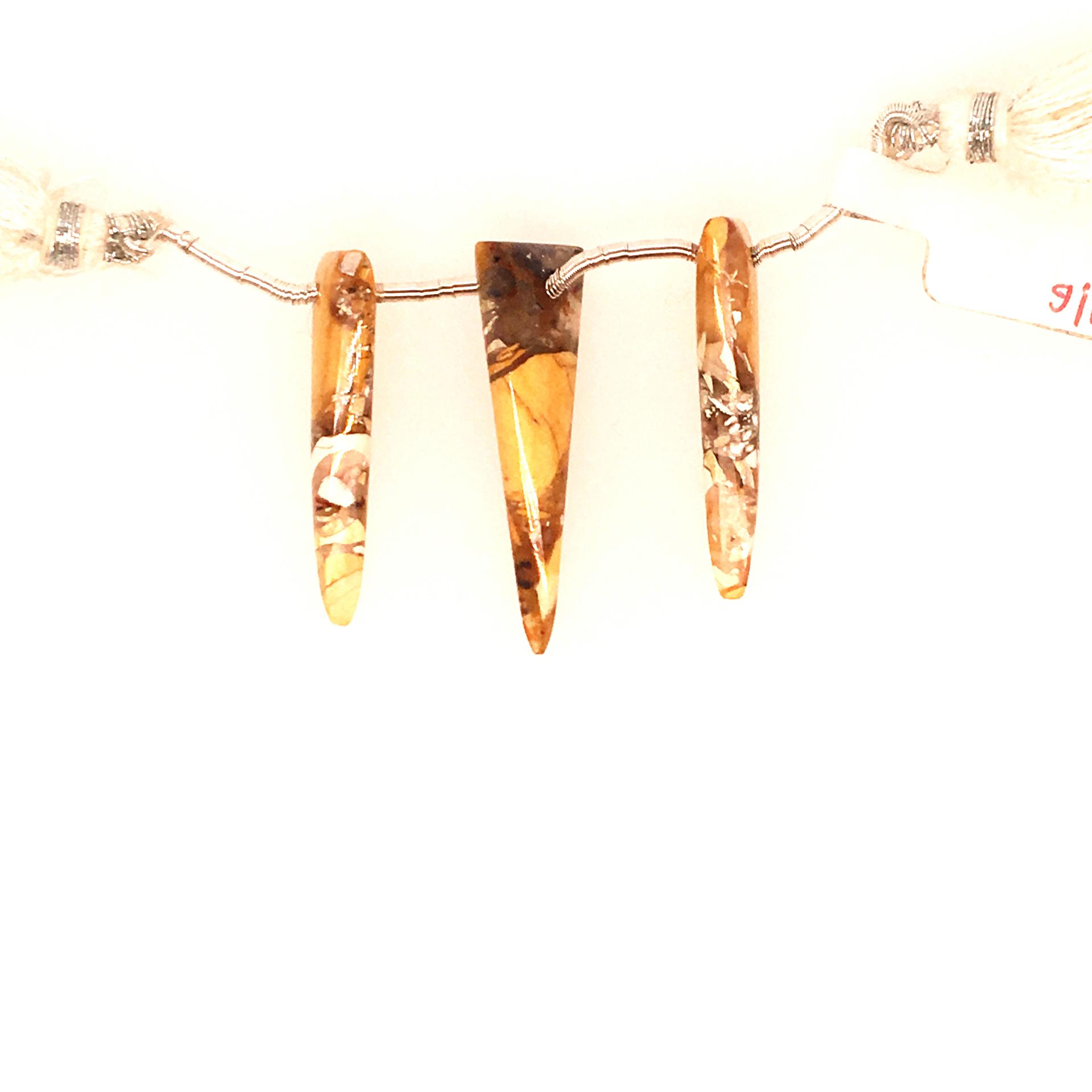Wood Jasper Trillion Shape Drops 30x10mm, 33x11mm Drilled Beads # 3 Pieces