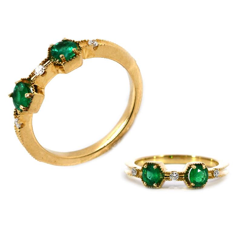Zambian Emerald Round 0.51 Carat Stackable Ring Band with Accent Diamonds in 14K Yellow Gold